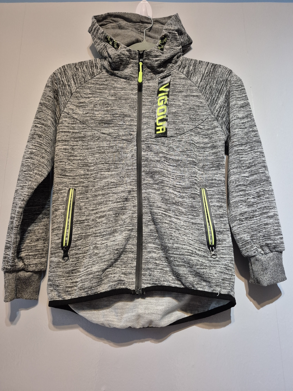 Kids' Gray Hooded Zip Jacket with Neon Green Yellow Accents